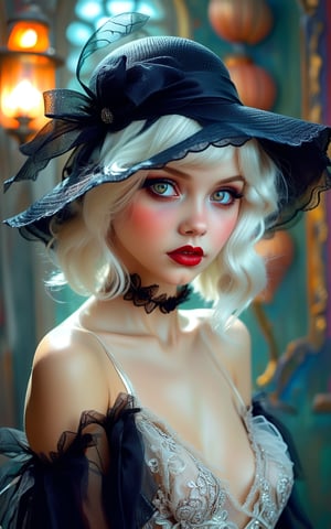 extraordinarily beautiful, babe, platinum blonde, modern girl ,dressing vintage Halloween Ball Gown, 1920s style clothing , imaginatively 20's stylized dress, super hat, , magical, alluring, sultry, full-length, female-body, hazel-eyes, eye catching, bright, OverallDetail, Magical beautiful background fantasy, perfect face and eyes, hyper-detailed hypermaximalist dynamic style