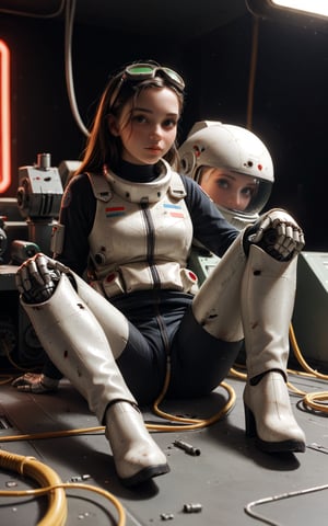 score_9, score_8_up, score_7_up, score_6_up, style of wlop,, 1girl, cyborg, battle damaged, 18 years old, beautiful, Perfect face, surrounded by technology, working on fixing her arm, open circuitry, sitting in a robot repair workshop, a beautiful girl, long black hair, green eyes, pouty lips, wearing a spacesuit, wearing goggles on her forehead, wiping her brow with her hand, space mechanic, pilot, giant mech cockpit, giant robot, high heel boots, mechanic, getting out of a mech, lots of wires and technology, repairing a robot, looking at viewer, neon lights, dynamic angle, dynamic lighting, very high contrast,cutegirlmix