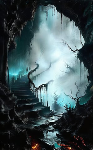 An ominous underworld landscape where the depths of hell are represented by an endless, spiraling staircase that descends into darkness, the air heavy with sulfuric fumes and tormented souls ascending and descending in eternal suffering