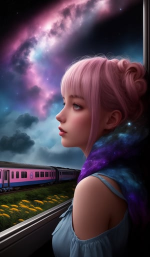 Teen girl with cornflowerblue long faux hawk hair, Hyperrealistic train carriage detailed with blooming flowers,ethereal cloud animals with shimmering outlines,passengers gazing in awe,vast sky with swirling galaxies,cosmic colors (purples, blues, pinks),dramatic lighting,mystical atmosphere, expressive,concept art,dark theme
