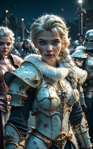 [score_9, score_8_up, score_7_up], Elsa Frozen wearing armor, body shot, adeptusastartes, light blue armor, dents in armor, worn out armor, scratches on armor, fur collar, bulky ornate armor, large ornate pauldrons, battle-worn armor, dents in armor, worn out armor, scratches on armor, gold trim, scarred face, white hair, braid, visual style: scene from a movie, depth of field, detailed, intricate, masterpiece, nighttime, darkness, space marine, g0thicPXL,Expressiveh,holding power sword,Knight armor,single braid,SpaceMarine