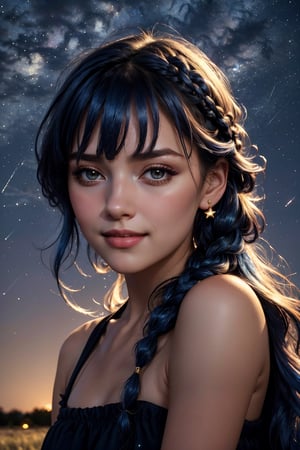 highres, masterpiece, realistic, perfect face ligting, bloom, night, dark, cinematic lighting, adult, perfect skin, female, small breasts, looking at viewer, portrait, upper body, simple background, summer starry sky background, windy, parted bangs, blue hair, very long hair, long braided, :), (smile), Australian girl in the outback