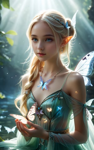 Masterpiece photo of a extremely beautiful 18yo girl, petite, small breasts, skinny, full body, eye contact, elf ears, long blonde hair, ponytail, transparent dress, fairy wings, jewelry, necklace, arm bracelets, kneeling, close-up, holding butterfly on her finger, ealistic, dynamic lighting, beautiful environment, looking at viewer,  (water:0.5), highly detailed, concept art, realistic high key, bright, cinematic , high budget , volumetric fog, light scattering
, ,large-eyed 