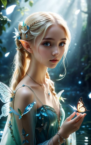 Masterpiece photo of a extremely beautiful 18yo girl, petite, small breasts, skinny, full body, eyes wide open, elf ears, long blonde hair, ponytail, transparent dress, fairy wings, jewelry, necklace, arm bracelets, kneeling, close-up, holding butterfly on her finger, ealistic, dynamic lighting, beautiful environment, (water:0.5), highly detailed, concept art, realistic high key, bright, cinematic , high budget , volumetric fog, light scattering
, ,large-eyed 