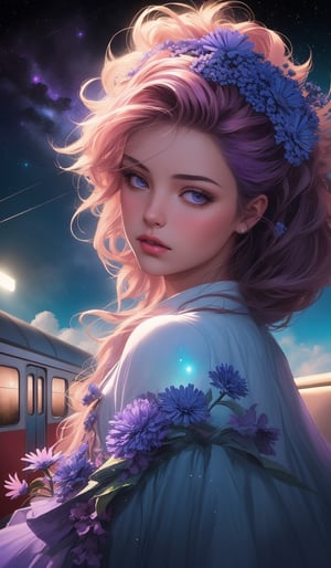 Teen girl with cornflowerblue long faux hawk hair, Hyperrealistic train carriage detailed with blooming flowers,ethereal cloud animals with shimmering outlines,passengers gazing in awe,vast sky with swirling galaxies,cosmic colors (purples, blues, pinks),dramatic lighting,mystical atmosphere
,Expressive,concept art,dark theme,Mysticstyle,midjourney