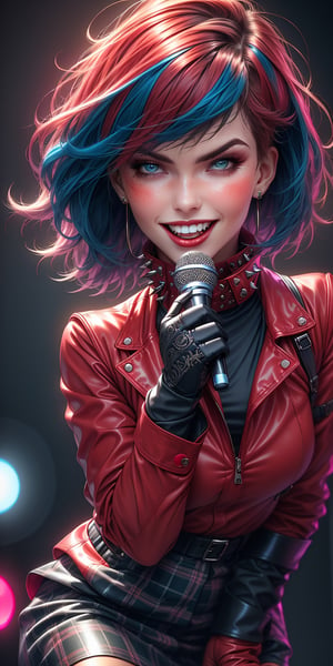 ((best quality)), ((highly detailed)), masterpiece,1girl, solo, smile, open mouth, skirt, shirt, hair ornament, gloves, holding, jacket, upper_body, pantyhose, black gloves, hairclip, fingerless gloves, collar, two-tone hair, red shag hair, black jacket, plaid, black shirt, red skirt, plaid skirt, microphone, red nails, spikes, upper body, music, leather, holding microphone, singing, leather jacket ,(ruby rose:1.3),Epic Poses
