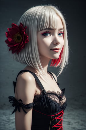 (1 cute girl), (white hair), grey eyes, wearing a beautiful light blue lace dress. pale skin, (flower art background), eye_detail, multi coloured flower background, face_detail, hair_detail with red flower, smile, more_detail, add_detail, add detailed, cute_face, corset, (upper body shot), (dynamic poses),ChopioDestiny,1 girl