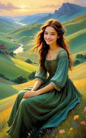 a series of hills , romantic impressionism, dream scenery art, beautiful oil matte painting, pretty girl sitting in the foreground, smiling, looking at viewer, romantic, beautiful digital painting, anime landscape, romantic painting, dreamlike digital painting, colorful painting, thick brushstrokes characteristic, rough stroke, beautiful gorgeous digital art, style Karol Bok, Brian Froud, Wendy Froud, Guy Davis, Sergio Sandoval
