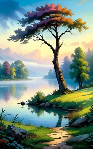 A lake covered by heavy mist and smoke. A tree stands near of the lake. Tree bends down to lake and its branches touches to the lake. Sky is cloudy. [romantic impressionism,dream scenery art,beautiful oil matte painting,romantic,style of thomas kinkade,beautiful digital painting,anime landscape,romantic painting,dreamlike digital painting,colorful painting,beautiful gorgeous digital art,style of greg rutkowski,janek sedlar,jenny saville:0]