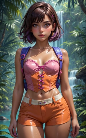 score_9, score_8_up, score_7_up, rating_explicit, ultra detailed, beautiful 18yo Dora the explorer, grown up, young adult, sweet,blushing, brown hair, brown eyes, freckles, small perky breasts, tan lines,wide hips, curvy, round butt, pink corset,  orange high leg shorts , purple backpack, jungle, skindentation, concept art, shiny skin, pushed up,Expressiveh,1girl