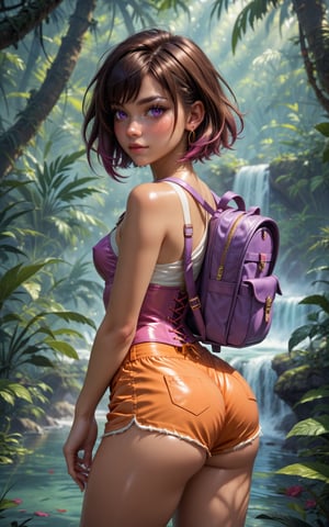 score_9, score_8_up, score_7_up, rating_explicit, ultra detailed, beautiful 18yo Dora the explorer, grown up, young adult, sweet,blushing, brown hair, freckles, small perky breasts, tan lines,wide hips, curvy, round butt, pink corset,  orange high leg shorts , purple backpack, jungle, skindentation, concept art, shiny skin, pushed up,Expressiveh,1girl