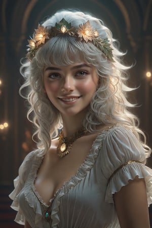 Hyper realistic picture of female by david hockney and alphonse mucha,fantasy art, photo realistic, dynamic lighting, artstation, poster, volumetric lighting, very detailed face, 4 k, award winning,, 1girl, in the dark, deep shadow, low key,small breasts, (low cut frilly blouse), waist up shot,(official clothing:1.4) ,(((big smile))), long hair,bangs,white hair,
