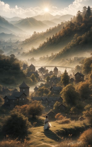 A captivating morning scene illustration the small village, This enchanting artwork captures a serene and peaceful early morning, where the sun is just starting to rise over the beautiful hills and, creating a cinematic experience illustration, cinematic,fantasy,enhance,style,midjourney