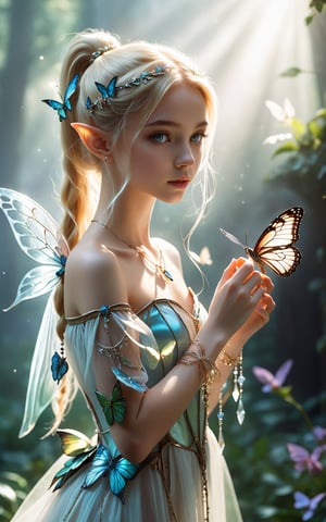 Masterpiece photo of a extremely beautiful 18yo girl, petite, small breasts, skinny, full body, eye contact, elf ears, long blonde hair, ponytail, transparent dress, fairy wings, jewelry, necklace, arm bracelets, kneeling, close-up, holding butterfly on her finger, ealistic, dynamic lighting, beautiful environment, (((looking at viewer))),   highly detailed, concept art, realistic high key, bright, cinematic , high budget , volumetric fog, light scattering
, ,large-eyed 