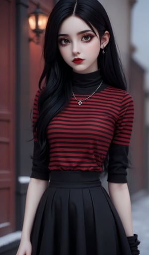 arafed woman with a black and red striped top and a black and red striped skirt, 18 - year - old goth girl, goth girl, gothic horror vibes, goth vibe, goth girl aesthetic, pale goth beauty, 18 - year - old anime goth girl, goth aesthetic, dark goth queen, very beautiful goth top model, gothcore, goth woman
,midjourney,large-eyed ,3d toon style