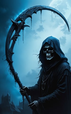 (masterpiece, best quality, hyper detailed, ultra realistic, 32k, RAW photo) (the grim reaper staring up:1.2), (blue gradient color scheme), holding scythe, realistic, perfect composition and chiaroscuro by Rembrandt, concept art, by Jarek Kubicki, (moon background)
,Expressiveh,concept art,dark theme