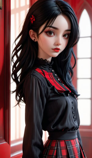 arafed woman with a black and red striped top and a black and red plaid skirt, 18 - year - old goth girl, goth girl, gothic horror vibes, goth vibe, goth girl aesthetic, pale goth beauty, 18 - year - old anime goth girl, goth aesthetic, dark goth queen, very beautiful goth top model, gothcore, goth woman, heavy makeup, 
,midjourney,mansion, large-eyed ,3d toon style