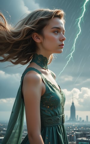 score_9, score_8_up, score_7_up, rating_questionable, young woman wearing a long green empire style dress ,wind blown hair, (masterpiece, best quality, highly detailed, realistic), at the oceanside, Storm, windy, vibrant colors, sideview, futuristic, calmstyle