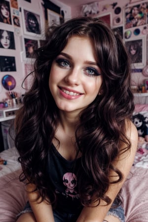 realistic, beautiful girl in messy bedroom, full body, poofy hair, (realistic face, perfect eyes, grin, perfect face:1.1), colourful hair, full glossy lips, emo makeup, eyeliner