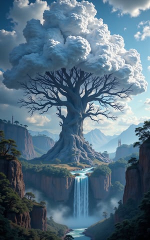 A majestic, ethereal tree crafted from turbulent storm clouds, its fluffy, lightning and gnarled branches stretching towards the sky, photographed with impeccable lighting and composition reminiscent of Andree Wallin's atmospheric style, Mark Mann's attention to texture, and Marc Simonetti's sense of wonder, with the intricate linework of Albrecht Dürer, the surrealism of Jeremy Geddes, and the vibrant colors of a nanopunk dreamscape, set against a stunning, hyperdetailed backdrop of a surreal waterfall, with misty veils, lush foliage, and radiant light, evoking a sense of awe and magic, as if trending on Artstation and CGSociety, a true masterpiece of photorealistic art, blending the boundaries of reality and fantasy,Midjourney_Whisper,Imp'roveBG