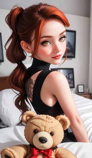 there is a woman sitting on a bed with a teddy bear, soft portrait shot 8 k, sexy look at the camera, 1 8 - year - old English goth girl, heavy makeup, with black pigtails, redhead girl, cute young redhead girl, in her room, posing in a bedroom, highly realistic. live cam, pretty face ,midjourney,SAM YANG