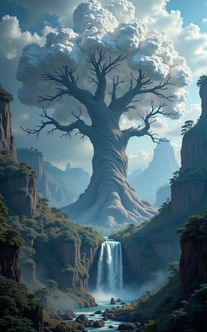 A majestic, ethereal tree crafted from turbulent storm clouds, its fluffy, gnarled branches stretching towards the sky, photographed with impeccable lighting and composition reminiscent of Andree Wallin's atmospheric style, Mark Mann's attention to texture, and Marc Simonetti's sense of wonder, with the intricate linework of Albrecht Dürer, the surrealism of Jeremy Geddes, and the vibrant colors of a nanopunk dreamscape, set against a stunning, hyperdetailed backdrop of a surreal waterfall, with misty veils, lush foliage, and radiant light, evoking a sense of awe and magic, as if trending on Artstation and CGSociety, a true masterpiece of photorealistic art, blending the boundaries of reality and fantasy,Midjourney_Whisper,Imp'roveBG