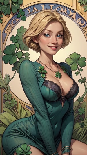(((masterpiece))),high definition symmetrical image, (goddess of Ireland, a woman born from flowers and shamrocks, (round face), drooping eyes, smiling, small breasts, shamrock necklace, focus on breasts, cute dress, hip, bra, blond), ((art nouveau)), squatting, ecstasy face,
