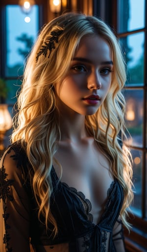 4k, 8k, ultra highres, raw photo in hdr, sharp focus, intricate texture, skin imperfections, realistic, detailed facial features, highly detailed face, posing,dark lighting,night time,((night)),window,moonlit face,low lighting,long hair,(blonde hair),standing,full body,dark room
,midjourney,mansion,emo,Enhance