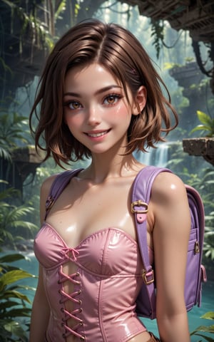 score_9, score_8_up, score_7_up, rating_explicit, ultra detailed, upper body portrait, beautiful 18yo Dora the explorer, grown up, young adult, sweet,blushing, smile, brown hair, brown eyes, freckles, small perky breasts, pink corset,  purple backpack, jungle ruins, skindentation, concept art, shiny skin, pushed up,Expressiveh,1girl