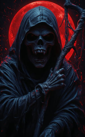 (masterpiece, best quality, hyper detailed, ultra realistic, 32k, RAW photo) (the skeletal grim reaper staring out from is dark hooded robe), (blue gradient color scheme), (holding large scythe), realistic, perfect composition and chiaroscuro by Rembrandt, concept art, by Jarek Kubicki, (red moon background),Midjourney_Whisper,illustration,drawing