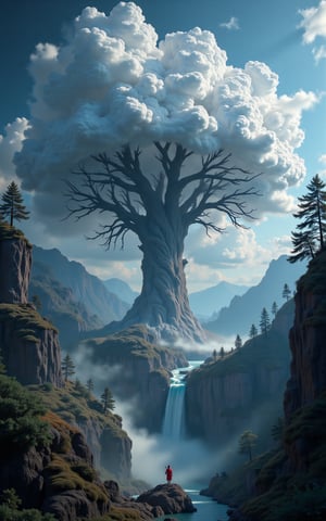 A majestic, ethereal tree crafted from turbulent storm clouds, its fluffy, gnarled branches stretching towards the sky, photographed with impeccable lighting and composition reminiscent of Andree Wallin's atmospheric style, Mark Mann's attention to texture, and Marc Simonetti's sense of wonder, with the intricate linework of Albrecht Dürer, the surrealism of Jeremy Geddes, and the vibrant colors of a nanopunk dreamscape, set against a stunning, hyperdetailed backdrop of a surreal waterfall, with misty veils, lush foliage, and radiant light, evoking a sense of awe and magic, as if trending on Artstation and CGSociety, a true masterpiece of photorealistic art, blending the boundaries of reality and fantasy,Midjourney_Whisper,Imp'roveBG