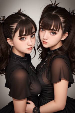 (High Angle view medium Close shot),2girls, 23 year old, Eastern European fraternal twins, Gothic metal clothing, Yuri,professional photoshoot, small|medium|large natural breasts,black hair in a messy updo style,Brown-Grey eyes, looking at camera, 
