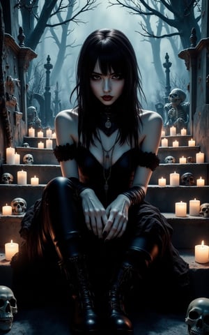 score_9, score_8_up, score_7_up, score_6_up, score_5_up, score_4_up, sharp focus, beautiful japanese woman, ((solo)), black hair, sitting on stairs, spooky graveyard, night, skulls, (many candles), detailed background, goth attire,aidmaabdhr,Gothic Themez