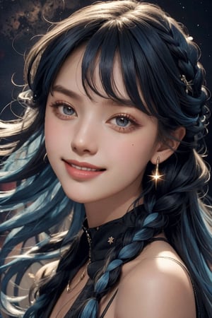 highres, masterpiece, realistic, perfect face ligting, bloom, night, dark, cinematic lighting, adult, perfect skin, female, small breasts,  short loose summer dress, looking at viewer, (((face portrait))),  simple background, summer starry sky background, windy, parted bangs, blue hair, very long hair, long braided, :), (((smile))), Australian girl in the outback