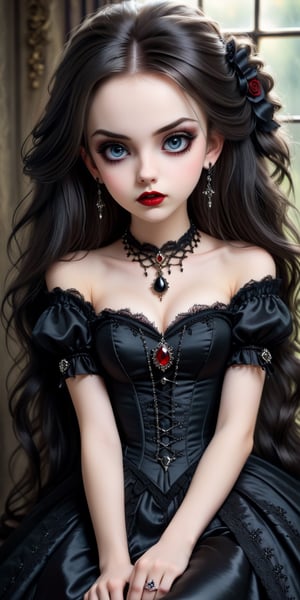 ((cowboy shot)), Beautiful girl, Long hair, Impressive hairstyle, Gothic gown, Pretty cute face, Flawless face, Jewelry earrings, Antique jewelry, Detailed eyes, 

Beautiful eyes, Meticulous makeup, Thin eyebrows, Beautiful red lips, small breasts, Thin, sitting, midjourney,more detail XL,goth person, 