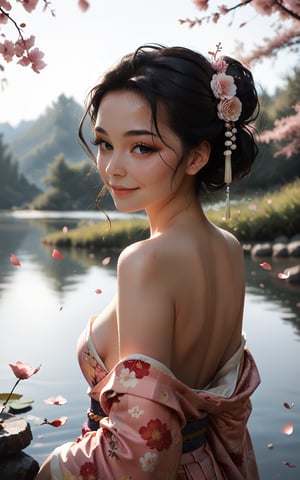 Japanese girl, floral kimono, exposed shoulders, from behind, beautiful face, thick eyelashes, glossy eyes, black hair, cute smile, dark eyeshadow, shoulders , floral decoration in hair, falling petals, beautifully backlit,  side shot, lake background,, score_9, score_8_up, score_7_up, score_6_up,Expressiveh