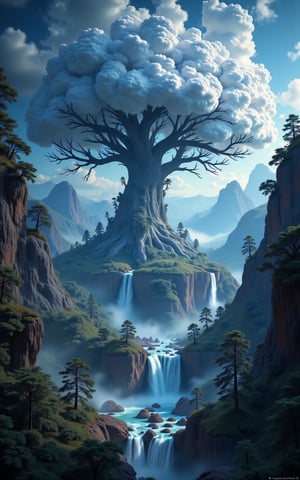 A majestic, ethereal tree crafted from turbulent storm clouds, its fluffy, lightning and gnarled branches stretching towards the sky, photographed with impeccable lighting and composition reminiscent of Andree Wallin's atmospheric style, Mark Mann's attention to texture, and Marc Simonetti's sense of wonder, with the intricate linework of Albrecht Dürer, the surrealism of Jeremy Geddes, and the vibrant colors of a nanopunk dreamscape, set against a stunning, hyperdetailed backdrop of a surreal waterfall, with misty veils, lush foliage, and radiant light, evoking a sense of awe and magic, as if trending on Artstation and CGSociety, a true masterpiece of photorealistic art, blending the boundaries of reality and fantasy,Midjourney_Whisper,Imp'roveBG