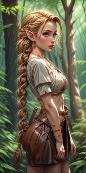 score_10, score_9, score_8_up, score_7_up, score_6_up, pretty girl, elf ears , braided sandy hair , RPG warrior clothing , seductive look, leather and bone necklace, forest glade , small boobs, perky boobs ,glossy , top view , realistic , dynamic, cute,1 girl,midjourney
