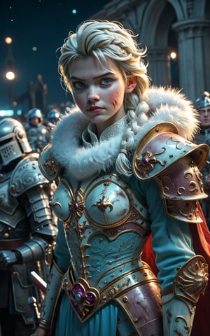 [score_9, score_8_up, score_7_up], Elsa Frozen wearing armor, body shot, adeptusastartes, light blue armor, dents in armor, worn out armor, scratches on armor, fur collar, bulky ornate armor, large ornate pauldrons, battle-worn armor, dents in armor, worn out armor, scratches on armor, gold trim, scarred face, white hair, braid, visual style: scene from a movie, depth of field, detailed, intricate, masterpiece, nighttime, darkness, space marine, g0thicPXL,Expressiveh,holding power sword,Knight armor,single braid,SpaceMarine