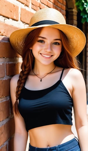 1girl, solo, (20-years-old:1.5), leaning against ancient brick building, sunny day, straw hat, smiling, small chest,  tight crop top, long auburn hair braid, xaxaxa 1_style, Expressiveh, negative_hand, (((upper body portrait))), NegativeDynamics,art style of the artist Xaxaxa
,score_9,Expressiveh,emo