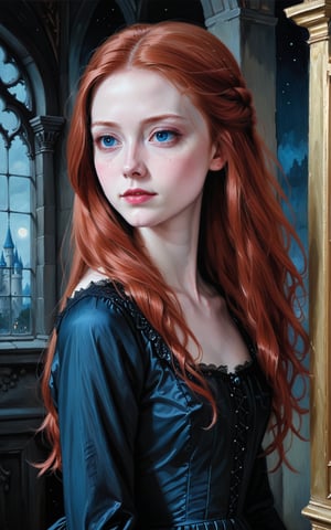 score_9, score_8_up, score_7_up, score_6_up, Portrait, oil painting, long red hair, blue eyes, pale skin, sad smile, 20 year old skinny princess vampire wearing a 1830s dress in black, innocent and beautiful, inside a dark ornate castle, night, painted by Hsiao Ron Cheng, brush strokes,realistic,real skin,side view, looking over shoulder, oil paint,Envy Starlight Beauty