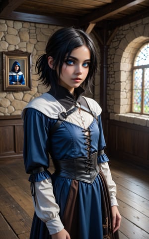 Tanned skin, 1girl, Blue Eyes, short messy black Hair, medieval, inside, Black and blue mage clothes

,photo_b00ster,emo