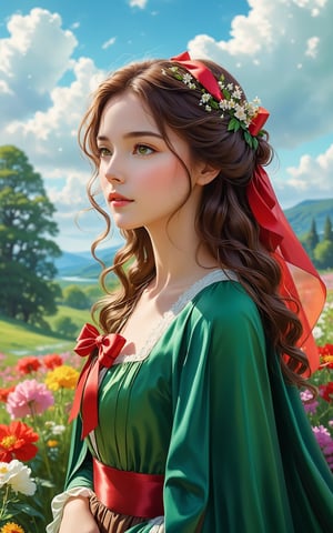 score_9, score_8_up, score_7_up, the image showcases a beautiful female character, set against a picturesque landscape. she has long, wavy brown hair and is adorned in a green dress with a matching cape. she wears a large, red ribbon. the character appears to be in a contemplative or relaxed state, with her eyes closed and a serene expression on her face. the background is a lush green meadow surrounded by trees and colorful flowers. the sky is clear with a few fluffy clouds, and the overall ambiance of the image is calm and peaceful, realistic

, Expressiveh,concept art,impressionist painting