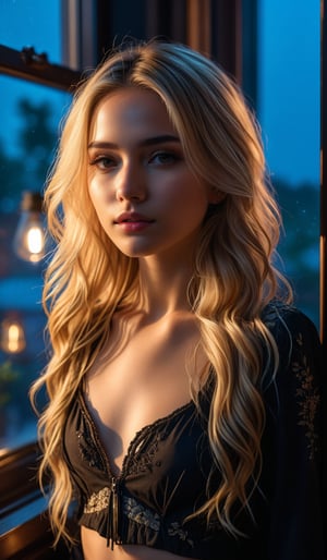 4k, 8k, ultra highres, raw photo in hdr, sharp focus, intricate texture, skin imperfections, realistic, detailed facial features, highly detailed face, posing,dark lighting,night time,((night)),window,moonlit face,low lighting,long hair,(blonde hair),standing side view,full bodyshot,dark room
,midjourney,mansion,emo,Enhance