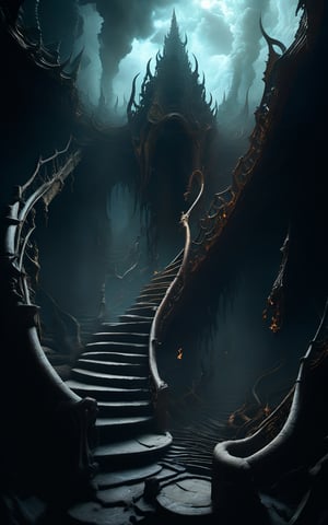 An ominous underworld landscape where the depths of hell are represented by an endless, spiraling staircase that descends into darkness, the air heavy with sulfuric fumes and tormented souls ascending and descending in eternal suffering