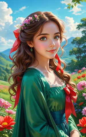 score_9, score_8_up, score_7_up, the image showcases a beautiful female character, set against a picturesque landscape. warm smile, she has long, wavy brown hair and is adorned in a green dress with a matching cape. she wears a large, red ribbon. the character appears to be in a contemplative or relaxed state, with her big eyes and a serene expression on her face. the background is a lush green meadow surrounded by trees and colorful flowers. the sky is clear with a few fluffy clouds, and the overall ambiance of the image is calm and peaceful, realistic

, Expressiveh,concept art,impressionist painting
