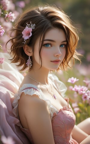 symmetrical, high quality, highres, absurdres, ((masterpiece, best quality)), (((masterpiece, best_quality, highest quality))), light blue eyes, (perfect detail, perfect skin:1.2),extremely detailed 8K wallpaper, solo, beautiful woman, beautiful brown hair, short hair, wearing a pink silk dress, (sitting in lavender field), spring, soft lighting, close-up, upper body, hyper realistic dynamic 35mm photo, depth of field, motion blur , Expressiveh,concept art, score_6
