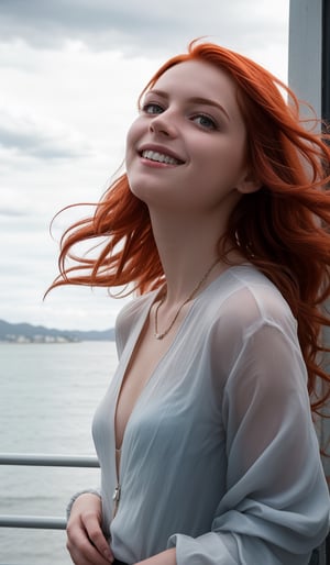 In the given scene, there is a young woman with vibrant flowing red hair, She's wearing cute flowing clothes that contrast nicely with the backdrop, The location appears to be outdoors, where it's super windy, adding a sense of motion and energy to the photo, Despite the threatening appearance of the stormy country background, she seems unbothered and smiling, Her eyes are locked onto something in the distance above, looking up, possibly hinting at an upcoming event or encounter, She has an auric hue around her, giving her an ethereal, otherworldly quality, Overall, this is a sensual and captivating image,  2.5d, realistic, , (&:0),midjourney,1 girl,realism