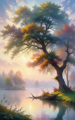 A lake covered by heavy mist and smoke. A tree stands near of the lake. Tree bends down to lake and its branches touches to the lake. Sky is cloudy. [romantic impressionism,dream scenery art,beautiful oil matte painting,romantic,style of thomas kinkade,beautiful digital painting,anime landscape,romantic painting,dreamlike digital painting,colorful painting,beautiful gorgeous digital art,style of greg rutkowski,janek sedlar,jenny saville:0]