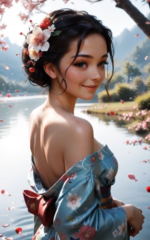 Japanese girl, floral kimono, exposed shoulders, from behind, beautiful face, thick eyelashes, glossy eyes, black hair, cute smile, dark eyeshadow, shoulders , floral decoration in hair, falling petals, beautifully backlit, wideshot, lake background,, score_9, score_8_up, score_7_up, score_6_up,Expressiveh